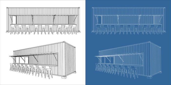 Blueprint shipping container concession stand front and perspective view vector