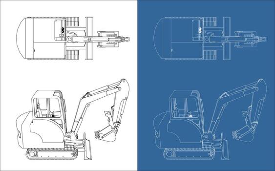mini excavator technical blueprint multiple views vector