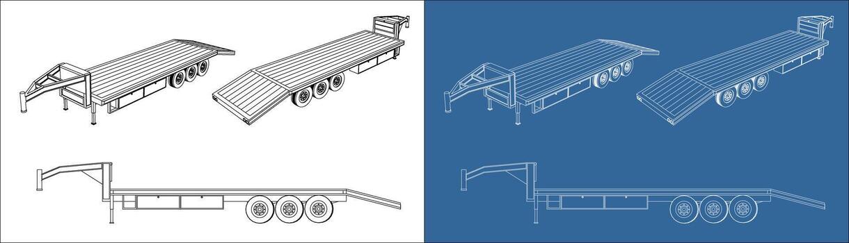 set heavy haul trailer technical line drawing multiple views vector
