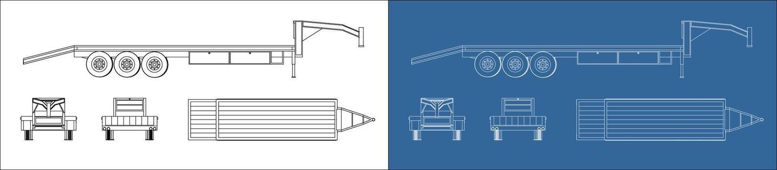 cama plana remolque Plano conjunto con frente, lado, arriba, y posterior ver técnico dibujo vector