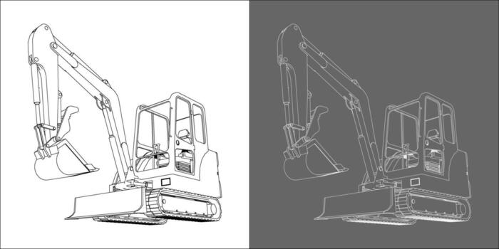 Mini excavator technical line drawing front isometric view with raised bucket vector