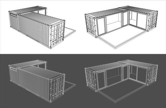 Blueprint of a Shipping Container House or Office, Multiple Angles and Interior View vector
