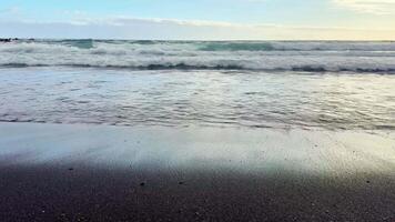 genieten de ontspannende en vredig visie van teder oceaan golven zacht lappen tegen een rustig strand gedurende zonsondergang video