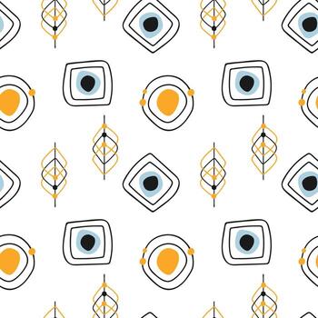 Abstract scandinavian pattern, cream background with geometric shapes - diamonds, circles, squares. vector