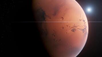 Rotating view of Mars in deep space exploration, red planet orbiting with stars and sunlight, video