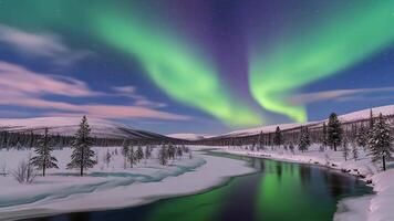 cativante aurora boreal exibição sobre tranquilo Nevado panorama reflexões, cênico norte video