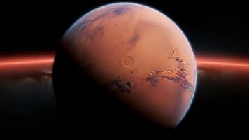 Mars rotating in deep space with a bright red aurora, a cinematic orbital journey around the red video