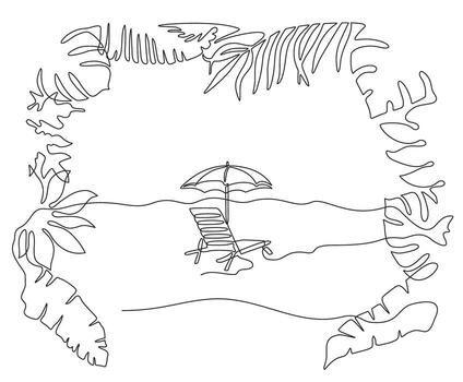 Beach umbrella and lounger near palm tree , continuous editable single line drawing. Leaves of palm trees, tropical plants in the form of a frame. Concept of summer vector