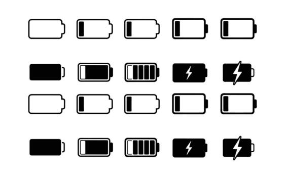 Battery icons showing full, charging, and low power levels for technology and energy concepts vector