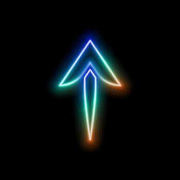 Neon arrow pointing to a black background on a shiny floor. vector