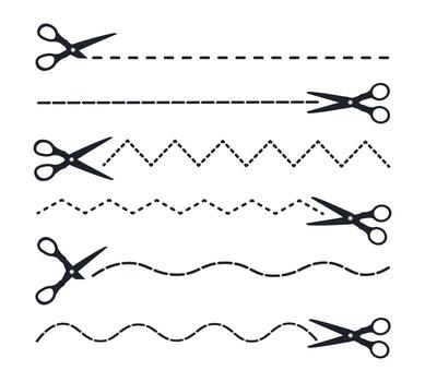 Set of graphic dotted lines for cutting with scissors in cartoon style. Illustration of scissors of different shapes, dotted lines, straight, zigzag, wavy, isolated on white background. vector