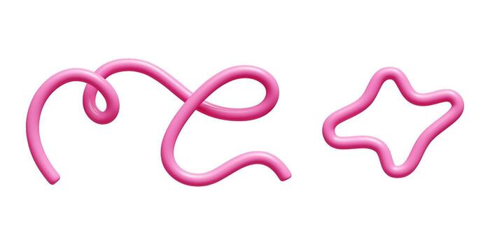 Pink 3d doodle line elements with glossy finish - curved loop, wavy ribbon outline for decorative design. vector