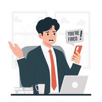 despedido perdiendo trabajo empresario con consiguiendo despedido vía teléfono ordenador portátil y habla burbuja. ilustración en plano estilo vector