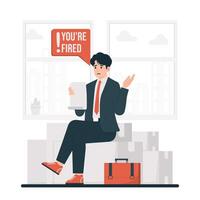 despedido perdiendo trabajo empresario sentado en el escalera y participación un maletín. plano ilustración. vector