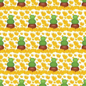 Cactus in a pot on a background of yellow flowers. Seamless pattern. vector