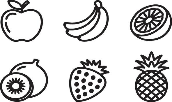 Collection of six different fruit icons in a simple line art style isolated on white background vector