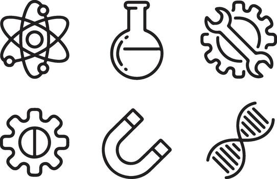 Collection of science and engineering icons including atom flask wrench gear magnet and dna isolated on white background vector