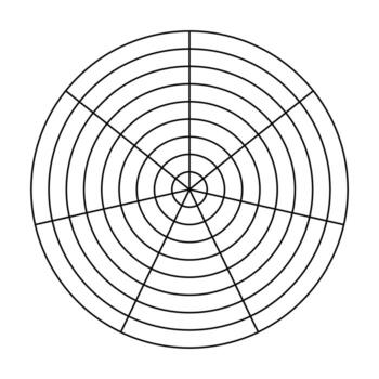 Polar grid of 7 segments and 8 concentric circles. Blank polar graph paper. Coaching tool for all areas of life. Circle black diagram of life balance. Wheel of life template. vector