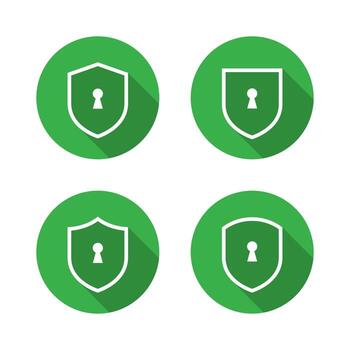 Shield with keyhole icon set with long shadow. Outline lock protection symbol vector