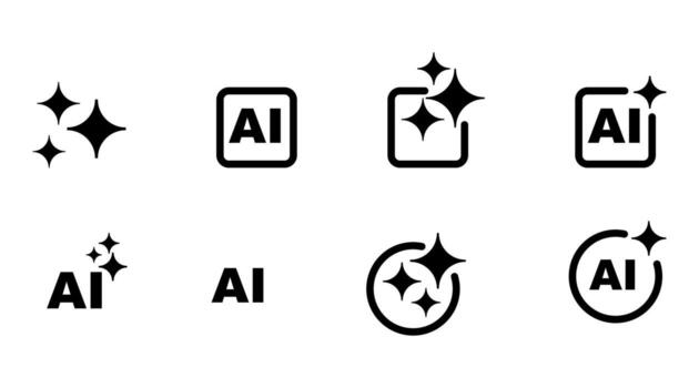Set of AI generate icons. Square symbols with AI sparkle stars. illustration representing artificial intelligence, machine learning, app design, and web technology. vector