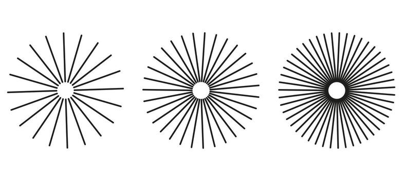 Radial circle lines . Circular radiating rays as abstract geometric element. Sun or starburst symbol with concentric design. Isolated on white background for decoration. vector