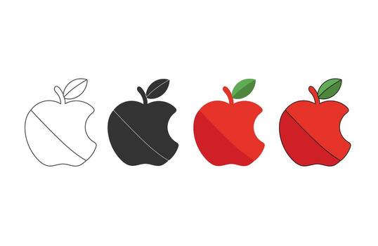 Apple icon set, apple line , solid and flat red color isolated on white vector