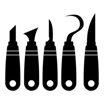 Set of Carving Tools Silhouette Illustration. A detailed silhouette of five different carving tools arranged side by side. Each tool features a distinct blade shape. vector