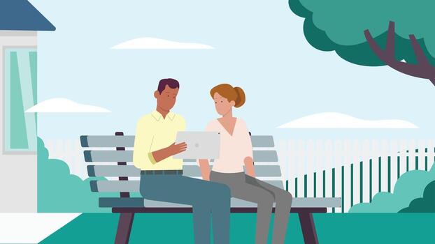 Couple Collaborating on Tablet in Park Bench Setting vector