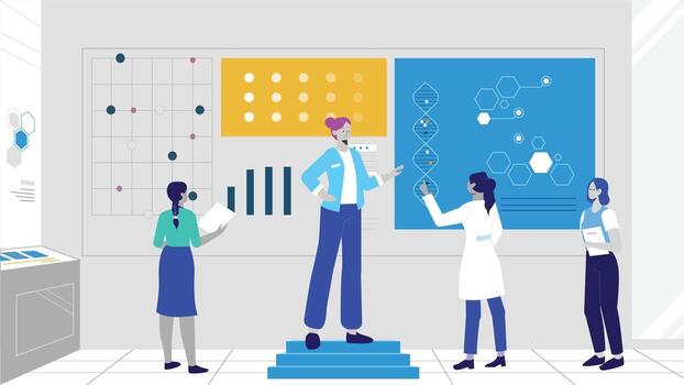 Scientific Team Analyzing DNA and Data in Research Lab vector