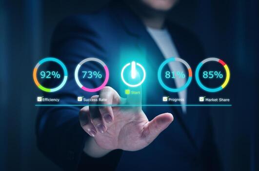 Concept of business management in data driven, and planning operations to achieve results according to KPI. Businessman touch the hologram screen to start working on data analysis to business. photo