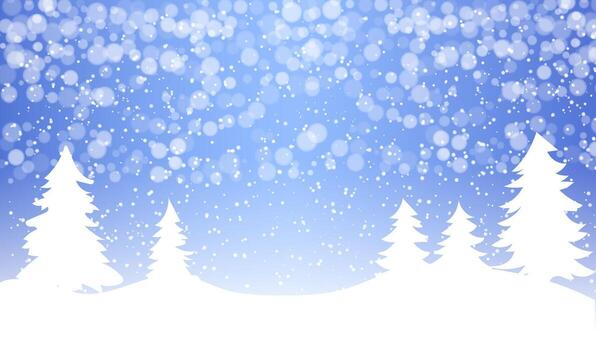 This winter landscape illustration showcases a tranquil setting with snowflakes gently falling against a soft blue backdrop. Snow-covered trees create a peaceful and festive atmosphere vector