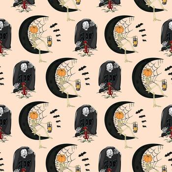 Víspera de Todos los Santos noche escena modelo con murciélagos y Luna. sin costura Víspera de Todos los Santos cementerio modelo vector