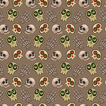 dibujado a mano cráneo íconos y huesos sin costura antecedentes. de miedo Víspera de Todos los Santos calaveras y manos modelo vector