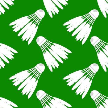 Shuttlecock Icon with Feathers Seamless Pattern Isolated on Green Background. vector