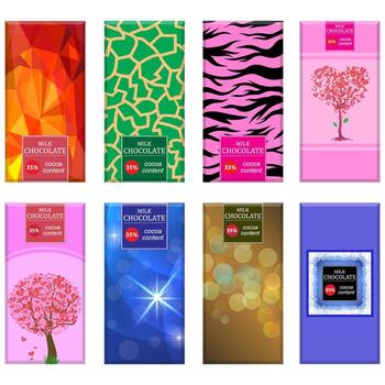 Set of Different Milk Chocolate Bar Isolated on White Background. Sweet Food Collection. Package Mock up Set. vector