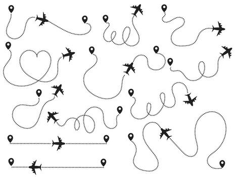 Collection of airplane flight paths with dotted lines, looping trails, map location pins, and heart shaped routes. Black silhouette design isolated on white background vector