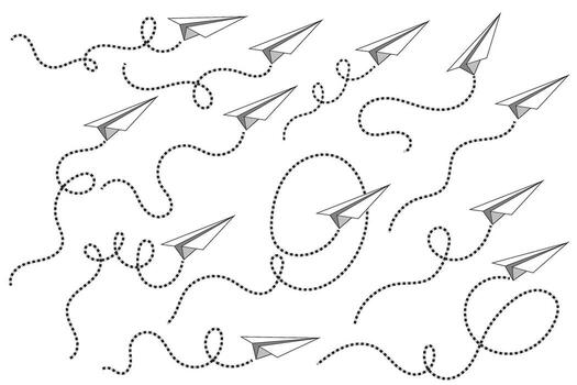 illustration of paper planes with dotted paths in looping and swirling flight trails. Simple seamless pattern design isolated on white background for travel and creativity concept vector