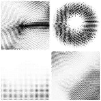 Halftone Set Pattern. Set of Dots. Dotted Texture on White Background. Overlay Grunge Template. Distress Linear Design. Fade Monochrome Points. Pop Art Backdrop. vector