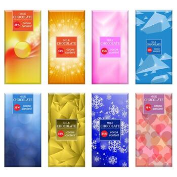 Set of Different Milk Chocolate Bar Isolated on White Background. Sweet Food Collection Set. Package Mock up. vector