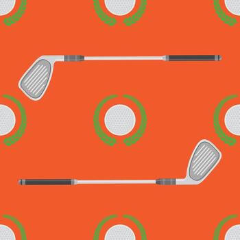 Golf Ball with Stick Icon and Laurel Seamless Pattern on Red Background. vector