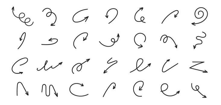 Doodle arrows with curves, loops, spirals in hand drawn, pen sketch style. Simple pointers for notes, UI highlights and infographics. Isolated thin line swirl arrow funny set vector