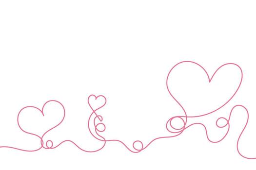 Continuous line of love heart pink line decor background outline cute postcard. vector