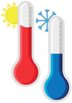 Hot and cold Thermometers, Temperature mercury reading, flat weather graphic element vector