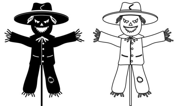 Scary halloween scarecrow in silhouette and outline design element isolated on a white background vector