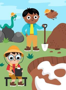 landscape illustration with paleontologists digging dinosaurs fossils and bones. Cute scene with prehistoric animal scientist on the dig. Dino archaeologists scenery with funny boys, bird, snake vector