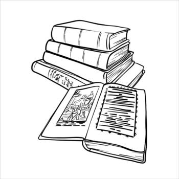 Hand drawn line illustration of a stack of books and open book. sketch Books. Black and white line drawing of a book is with open pages and Stack of Books. Literature in outline drawing eps10 vector