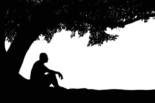 sentado hombre debajo un grande árbol en un pensativo actitud perfil vector