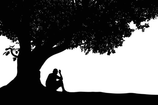 figura solitario sentado debajo un grande árbol en un sorprendentes contorno vector