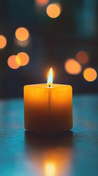 Lit yellow square candle casts its reflection upon a textured surface, with soft bokeh photo