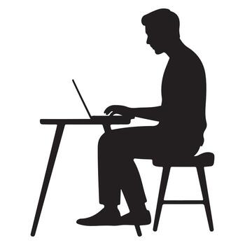 silueta de un hombre sentado a un escritorio mecanografía en un ordenador portátil computadora vector